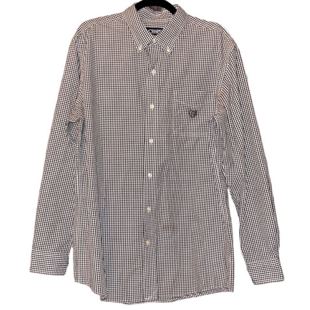 3/$18 CHAPS | Brown and White Checkered Button Down Long Sleeve Dress Shirt